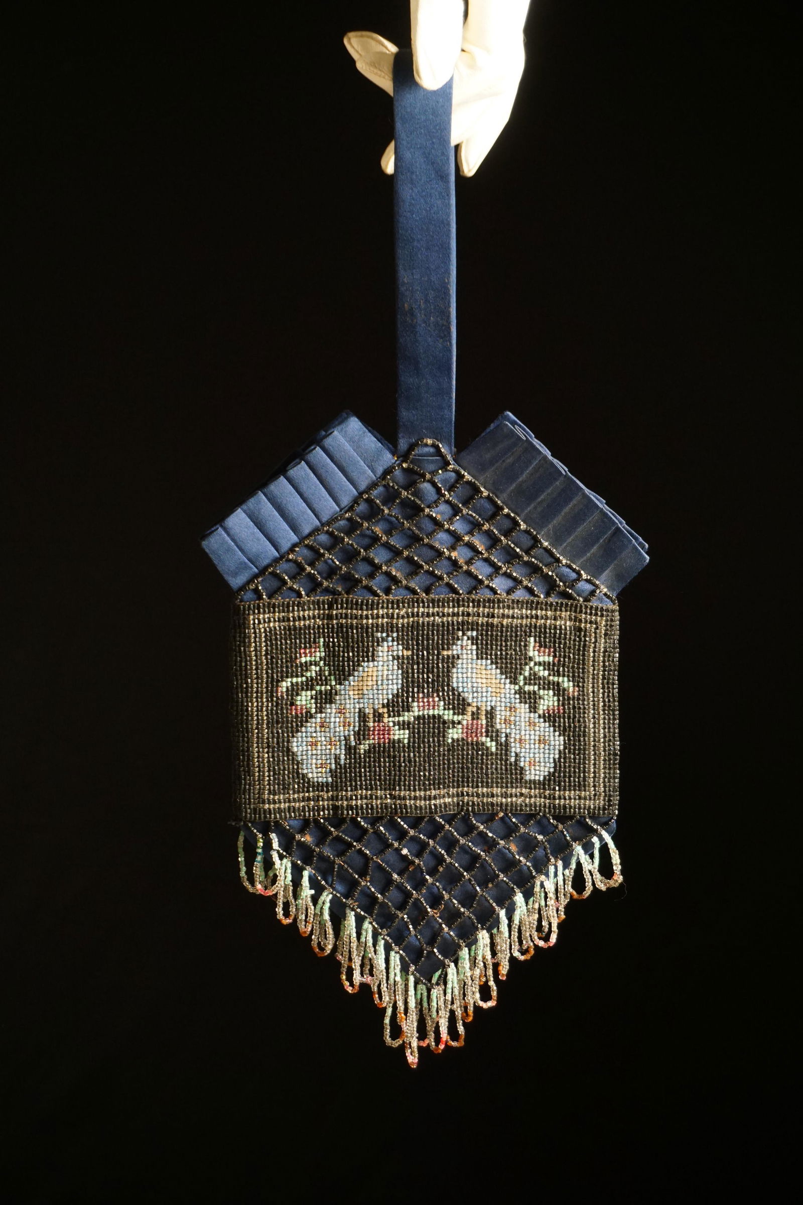 Antique blue silk purse glass beaded peacocks (1 of 12)