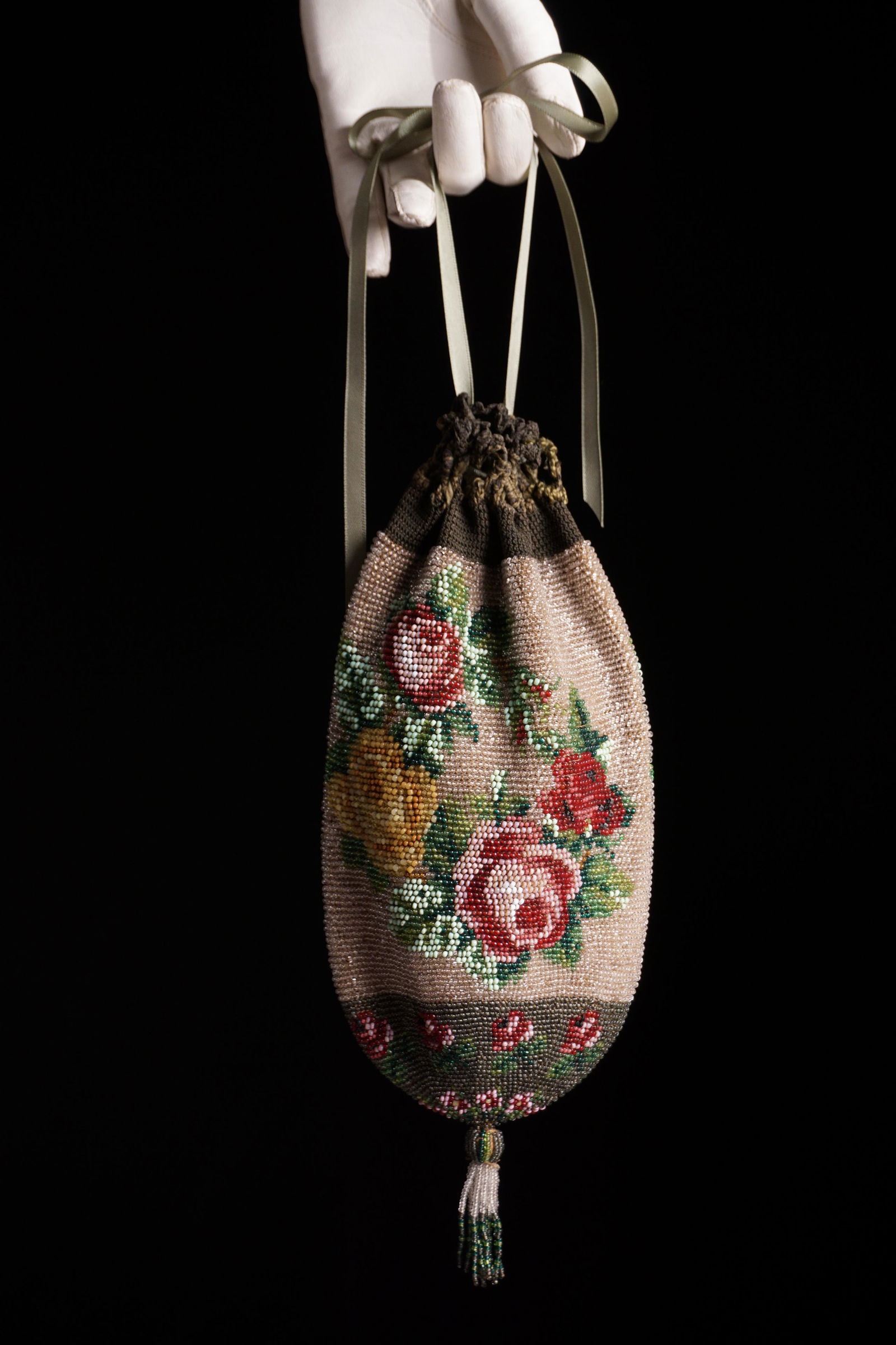 Antique 1800s micro beaded reticule rose purse (1 of 11)