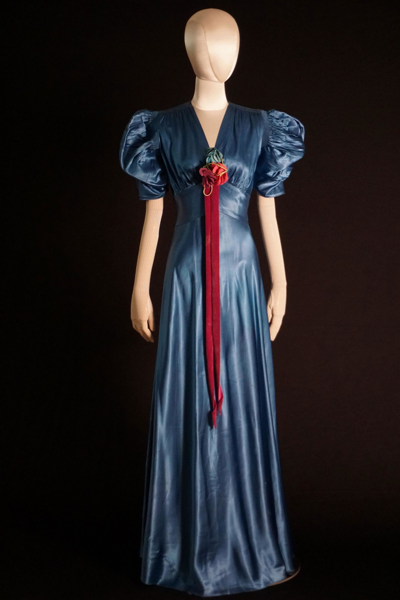 Vintage 1930s dress blue liquid satin puff sleeve gown (1 of 12)