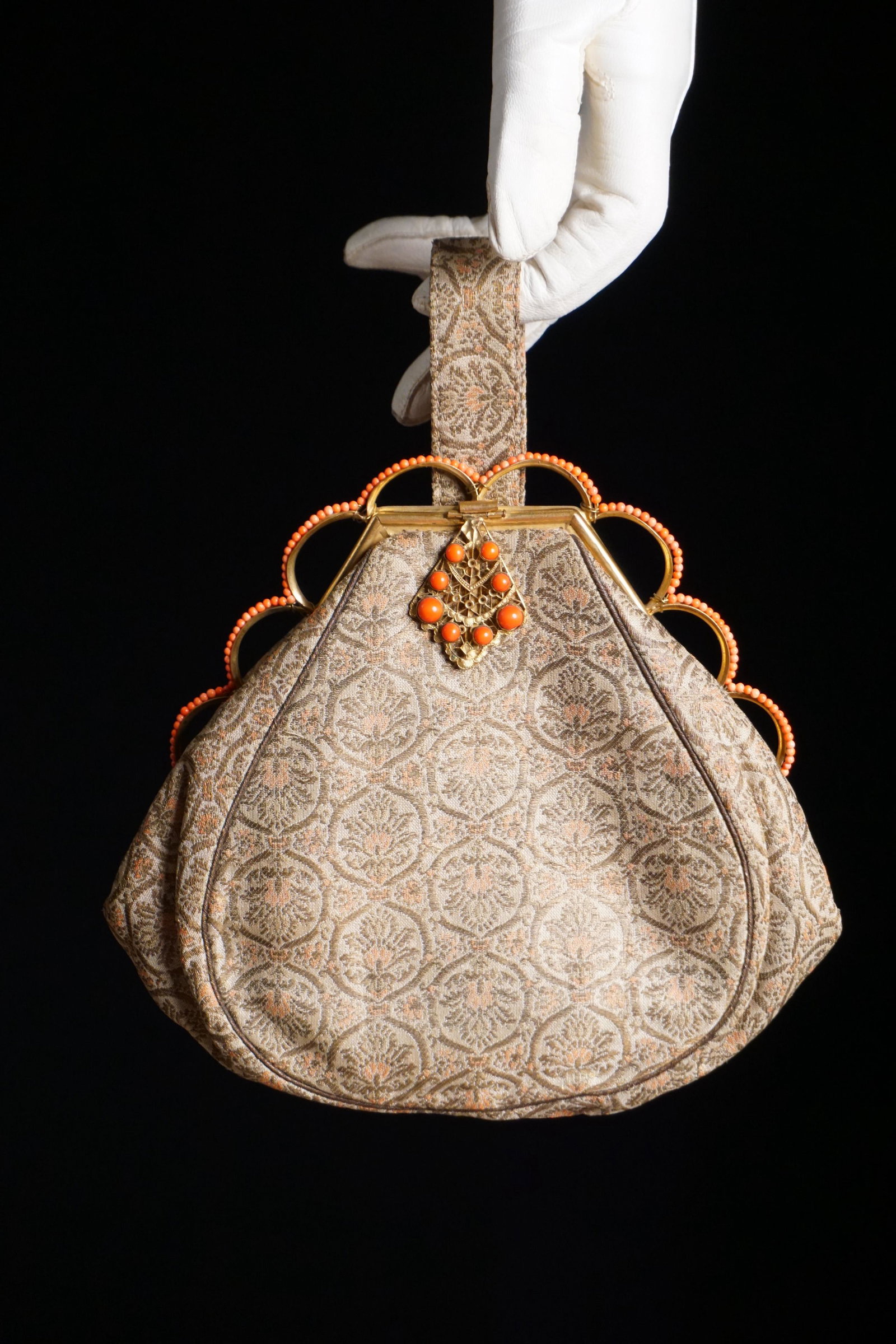 Vintage 1930s brocade purse with coral glass frame (1 of 10)
