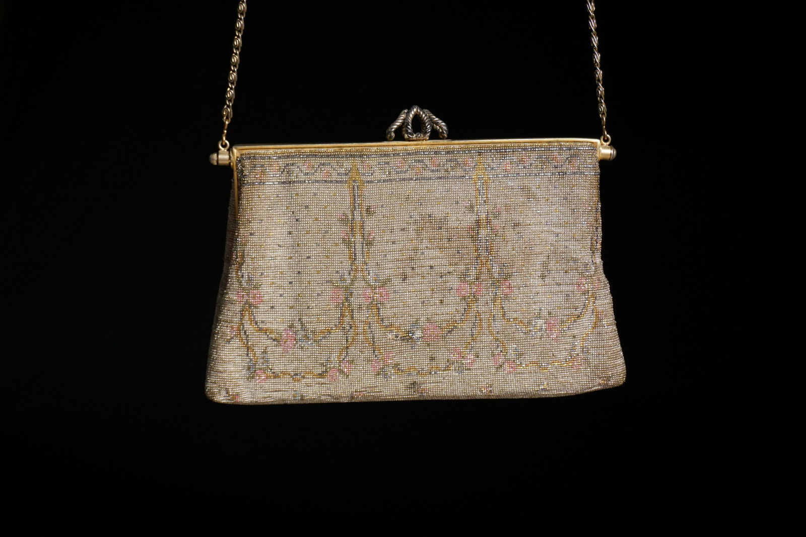 Vintage 40s French micro beaded purse pink flowers (1 of 10)