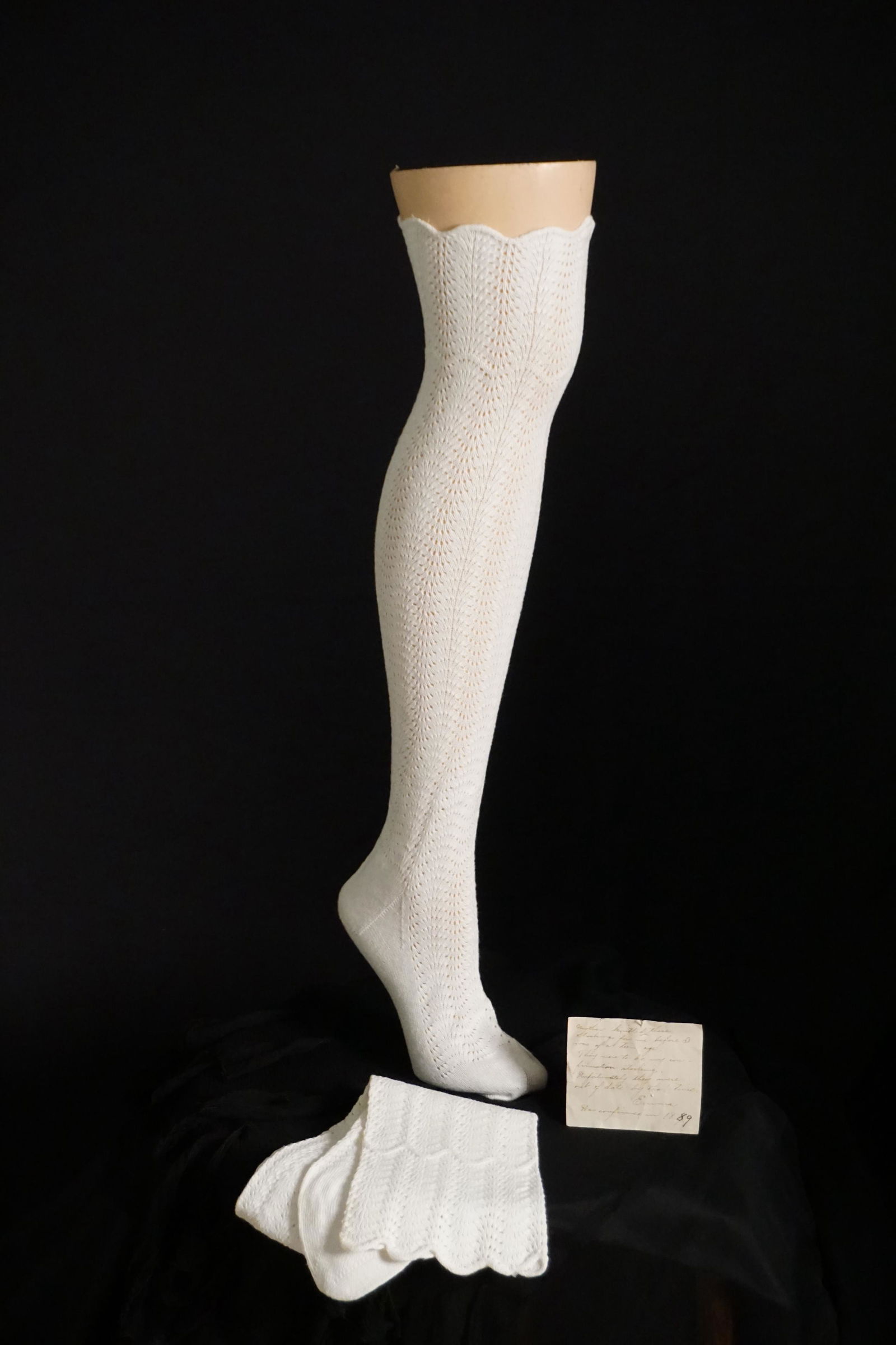 Antique Victorian knit stockings provenance note: Antique Victorian socks white knit thigh high stockings with provenance note: "mother knitted these stockings for me before I was of a teen age. They were to be my confirmation stockings. Unfortunatel