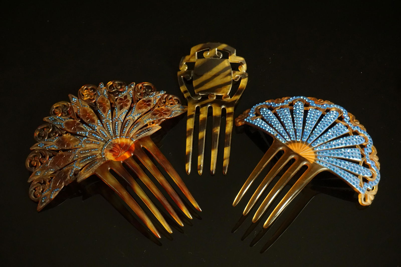 Three vintage 1920s celluloid rhinestone hair combs (1 of 7)