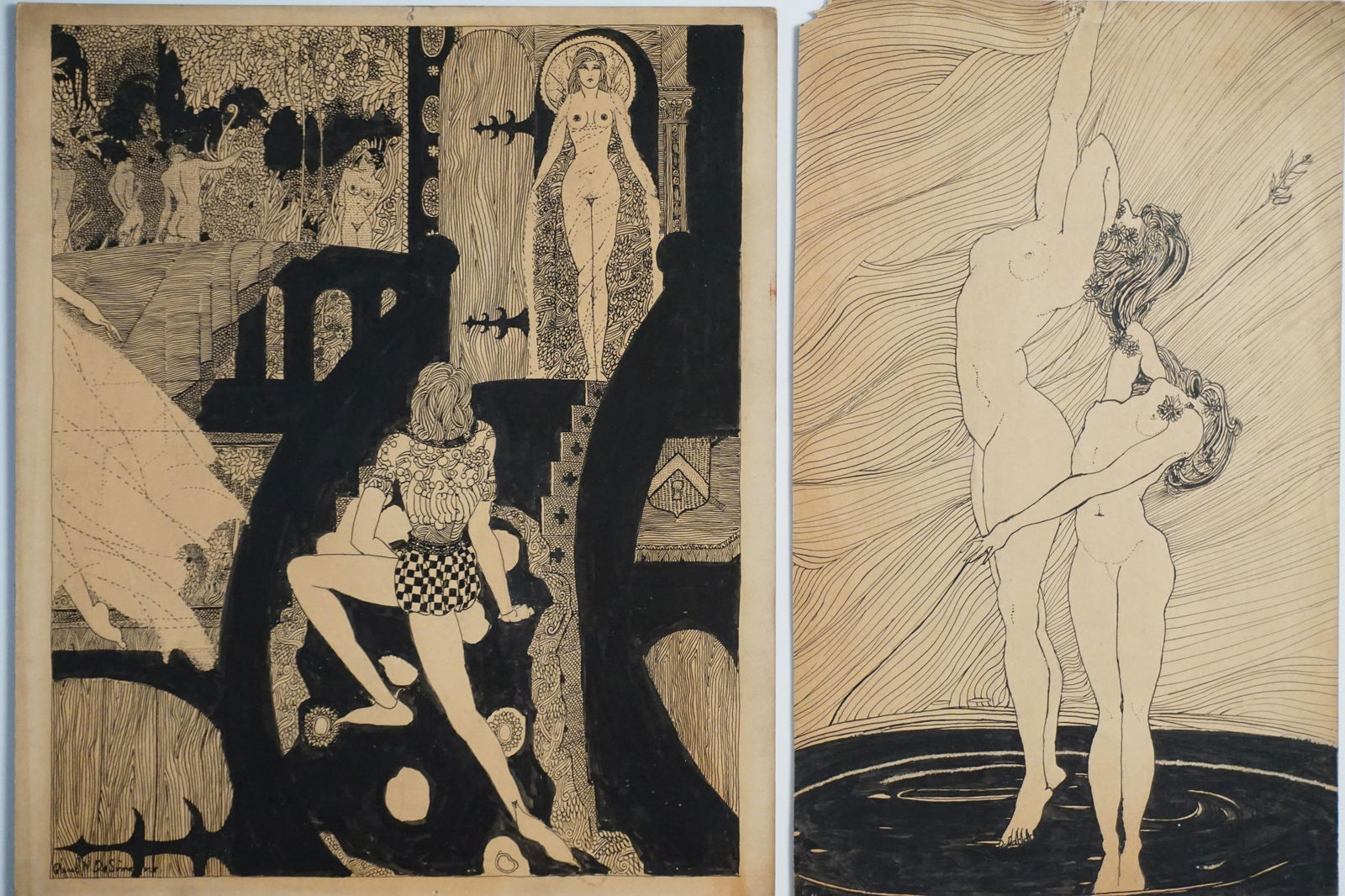 Two Art Nouveau pen and ink drawings in the manner of Aubrey Beardsley, Circa 1910: We present a pair of drawings featuring nude female figures executed in a manner reminiscent of Aubrey Beardsley. One of the drawings bears a signature in the lower left corner. Both drawings showcase