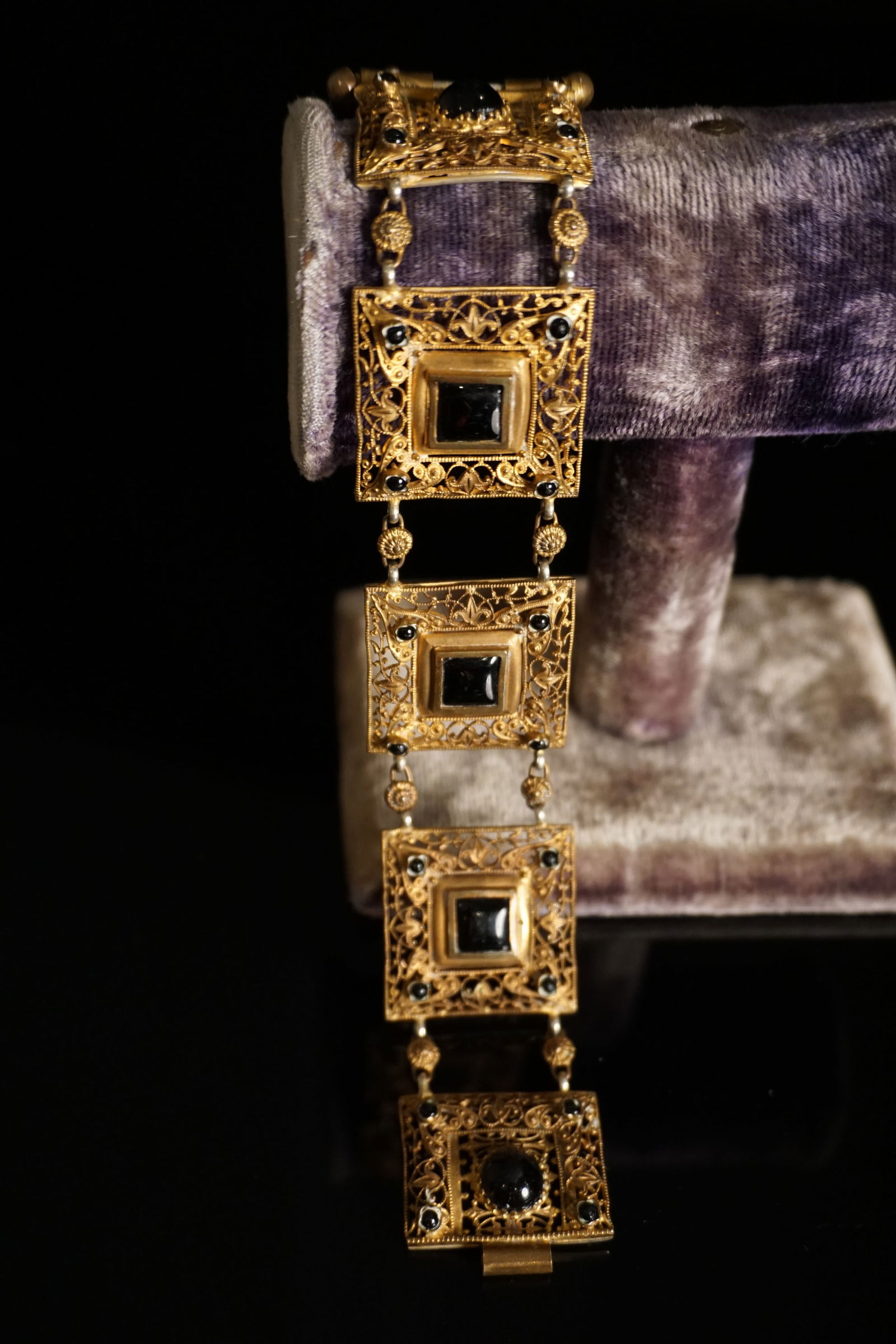 Antique French gilt metal filigree black glass bracelet (1 of 6)