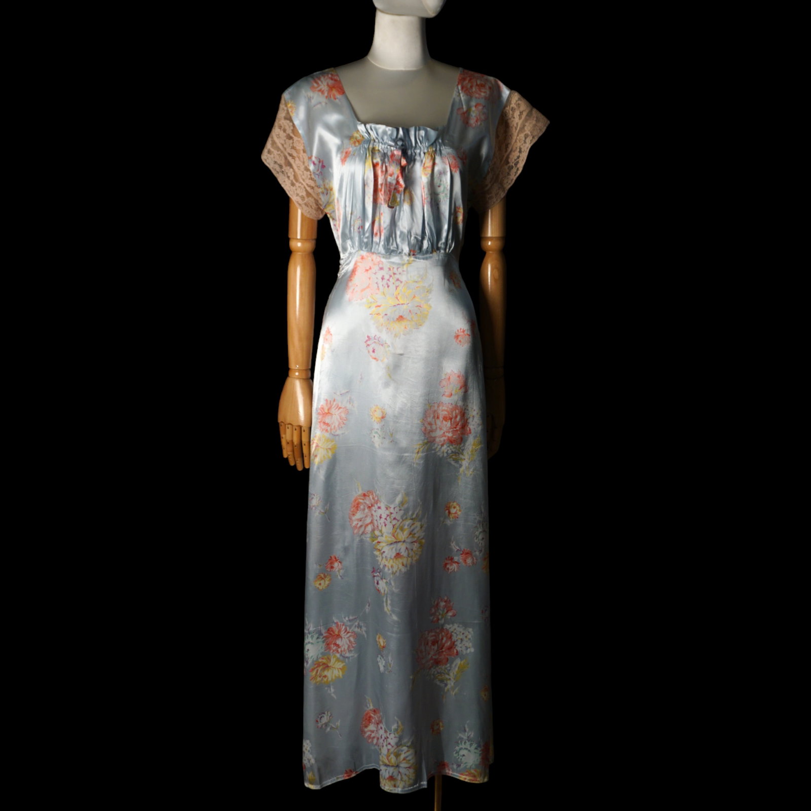Vintage 1930s 40s blue floral satin lingerie dress: Vintage 1930s- 1940s light blue rayon satin lingerie dress with light pink lace sleeves and drawstring ruched bust. Covered in beautiful pink, yellow, blue, purple and white floral print. Long ribbon 