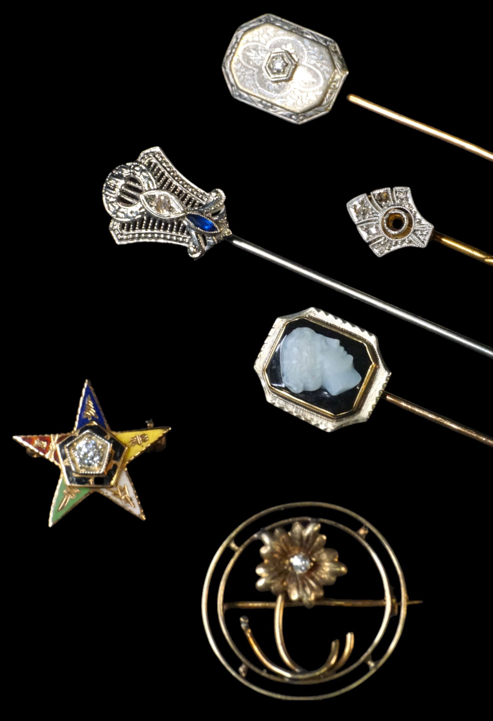 Antique diamond gold stick pins, brooch grouping (6) (1 of 7)