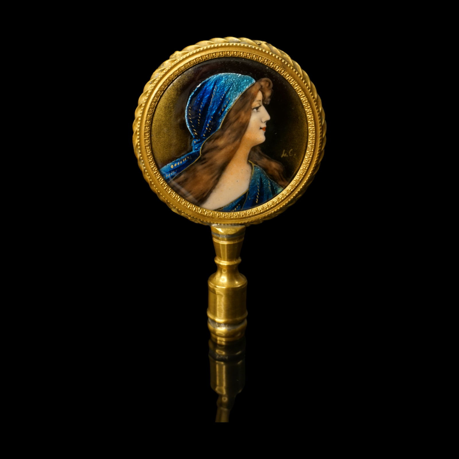 Limoges enamel gilt bronze finial with portrait, signed (1 of 6)