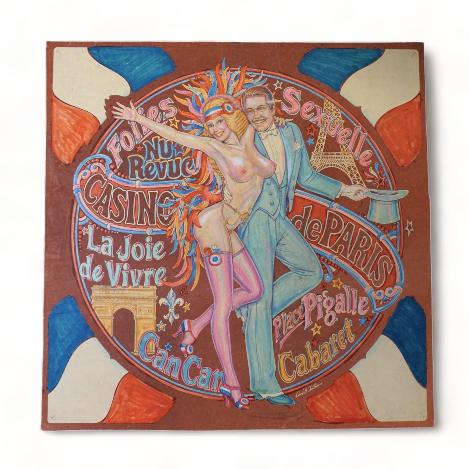 David G. Christensen illustration for the poster/ slot machine concept: A concept illustration by artist David G. Christensen for a casino in Paris depicting a gentleman and a nude woman, in good condition some creasing throughout. The artwork measures 22x22. Done in penc
