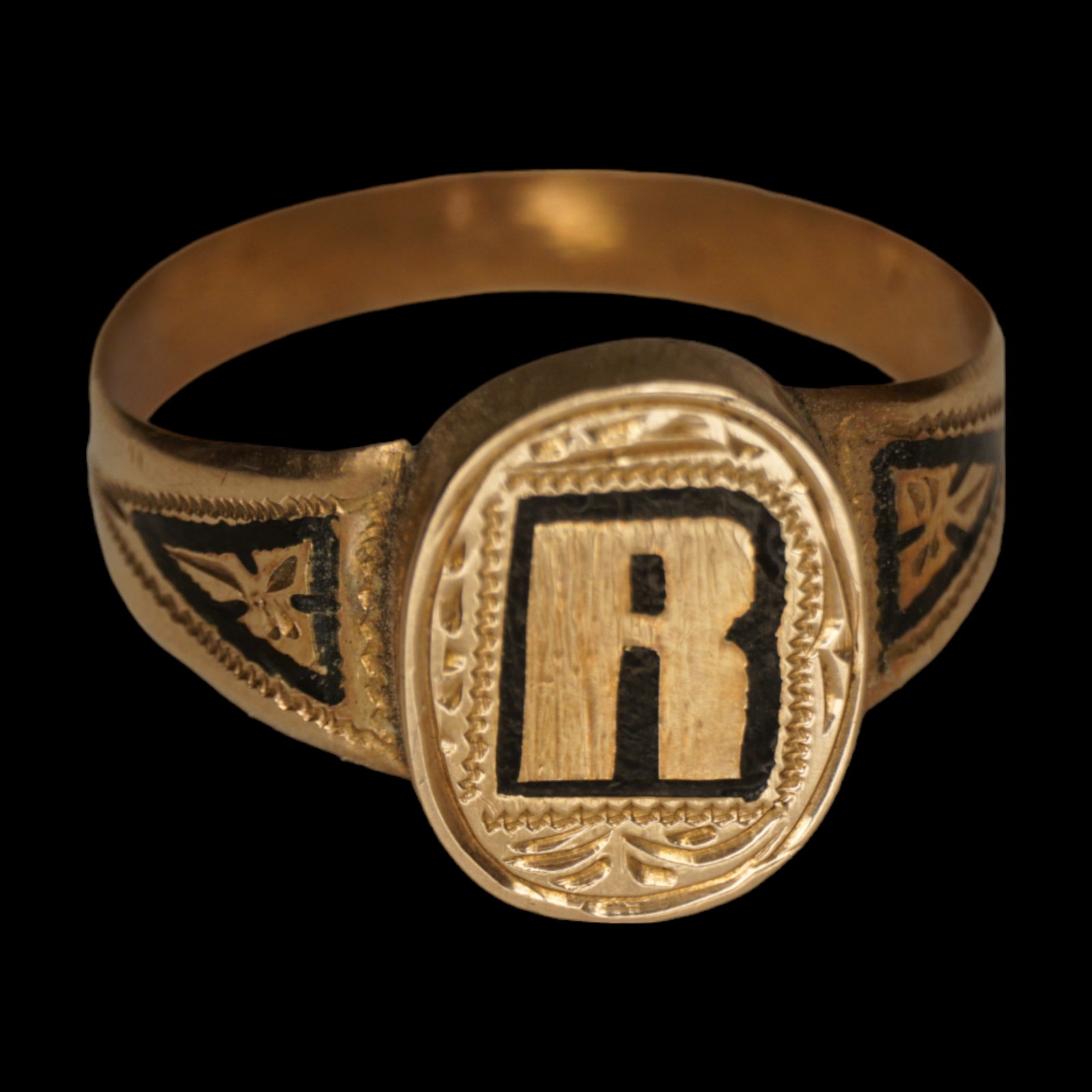 Antique 14k gold enamel signet ring monogramed initial "R" (1 of 8)