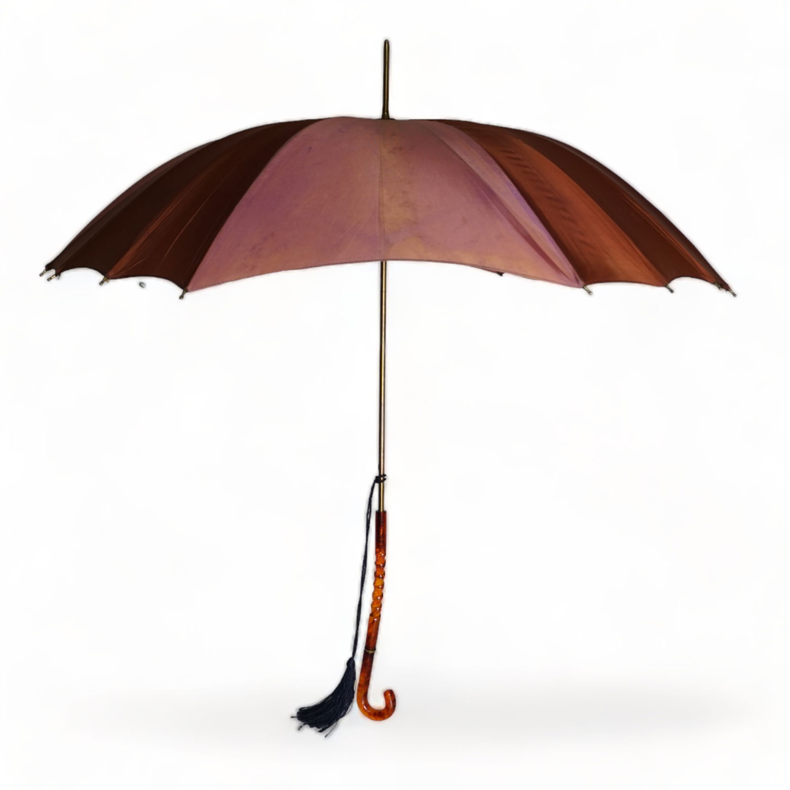 Vintage umbrella Sam R. Costello Family, Chicago: Vintage maroon umbrella with lucite amber handle and gold hardware. Handle bent. Total length: 34" Provenance:The Family property of Sam R. Costello, a close associate of Al Capone, as seen in the inf