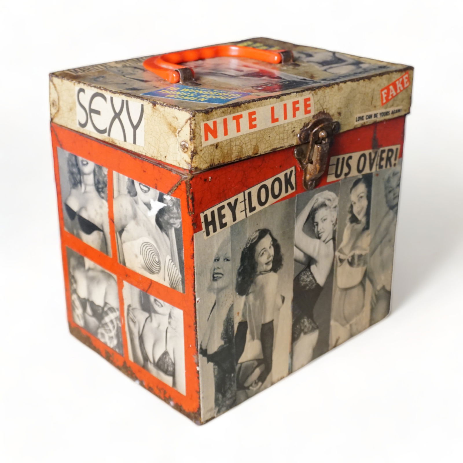 Vintage folk box, 45 record case, purse with bullet bra, erotic photos: Vintage 45 record box/ metal case, purse. Altered mixed media photos of women in bullet bras, 1950s lingerie. Measures: 8" x 8" x 6"