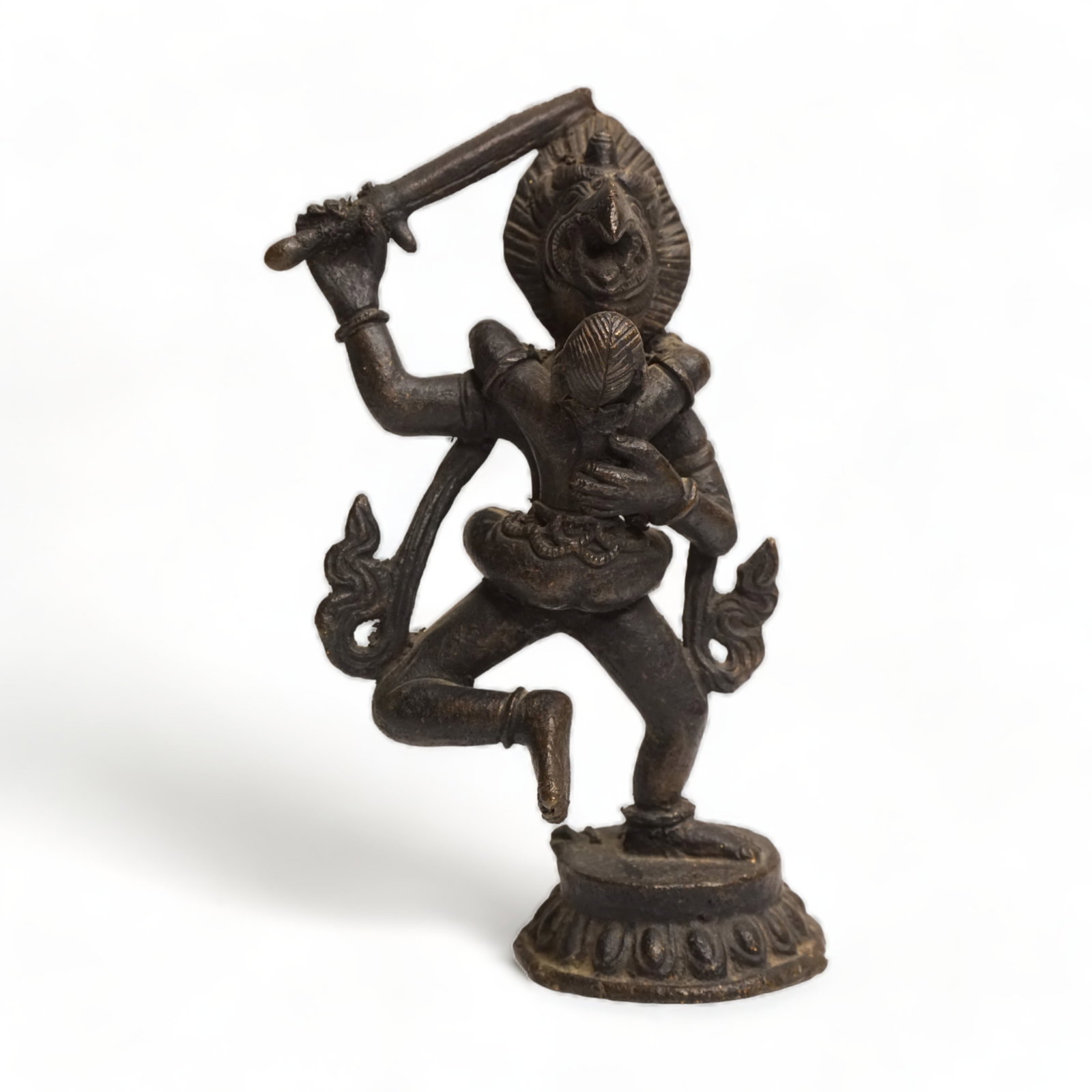 Antique Nepalese Bronze Garuda: Patinated bronze depicting Garuda with sword and yab yum consort. Paper labels to bass suggesting some sort of catalog number. Lost wax cast with chased detailing.Measures 6” tall