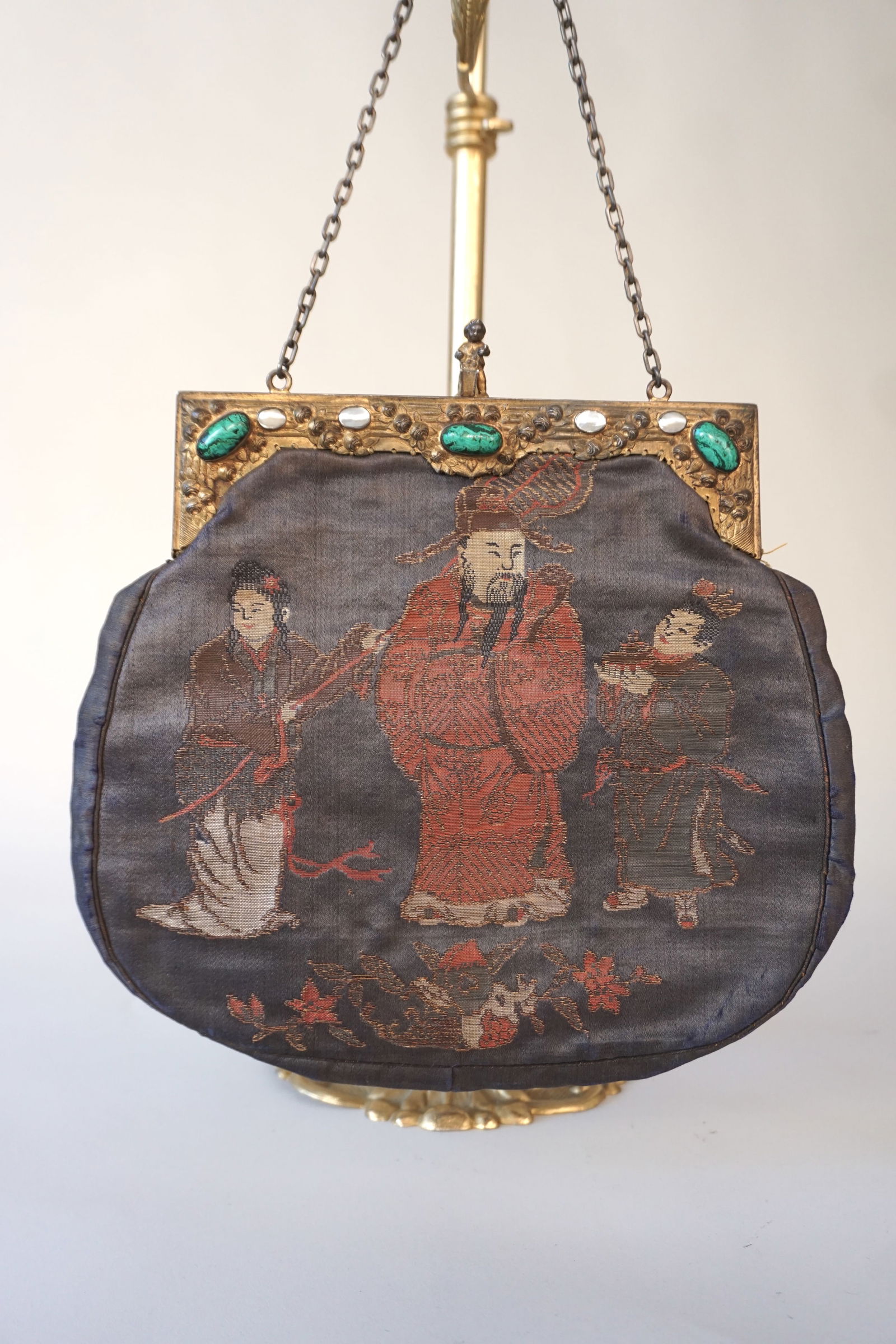 Antique Chinese fabric purse, ornate jewelled frame (1 of 16)
