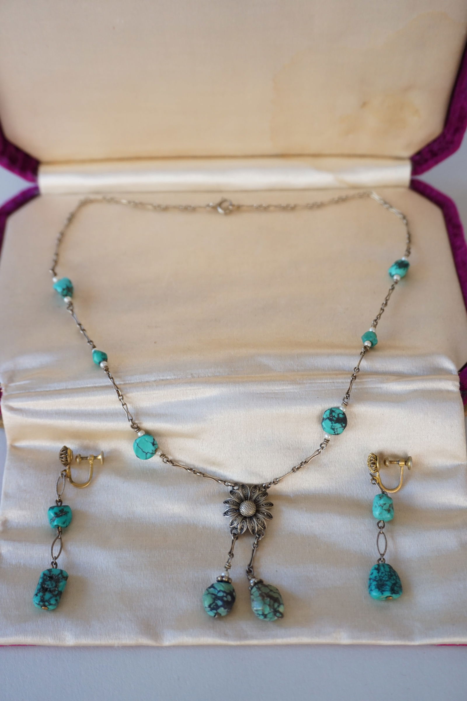 Antique Edwardian turquoise sterling necklace, earrings (1 of 9)