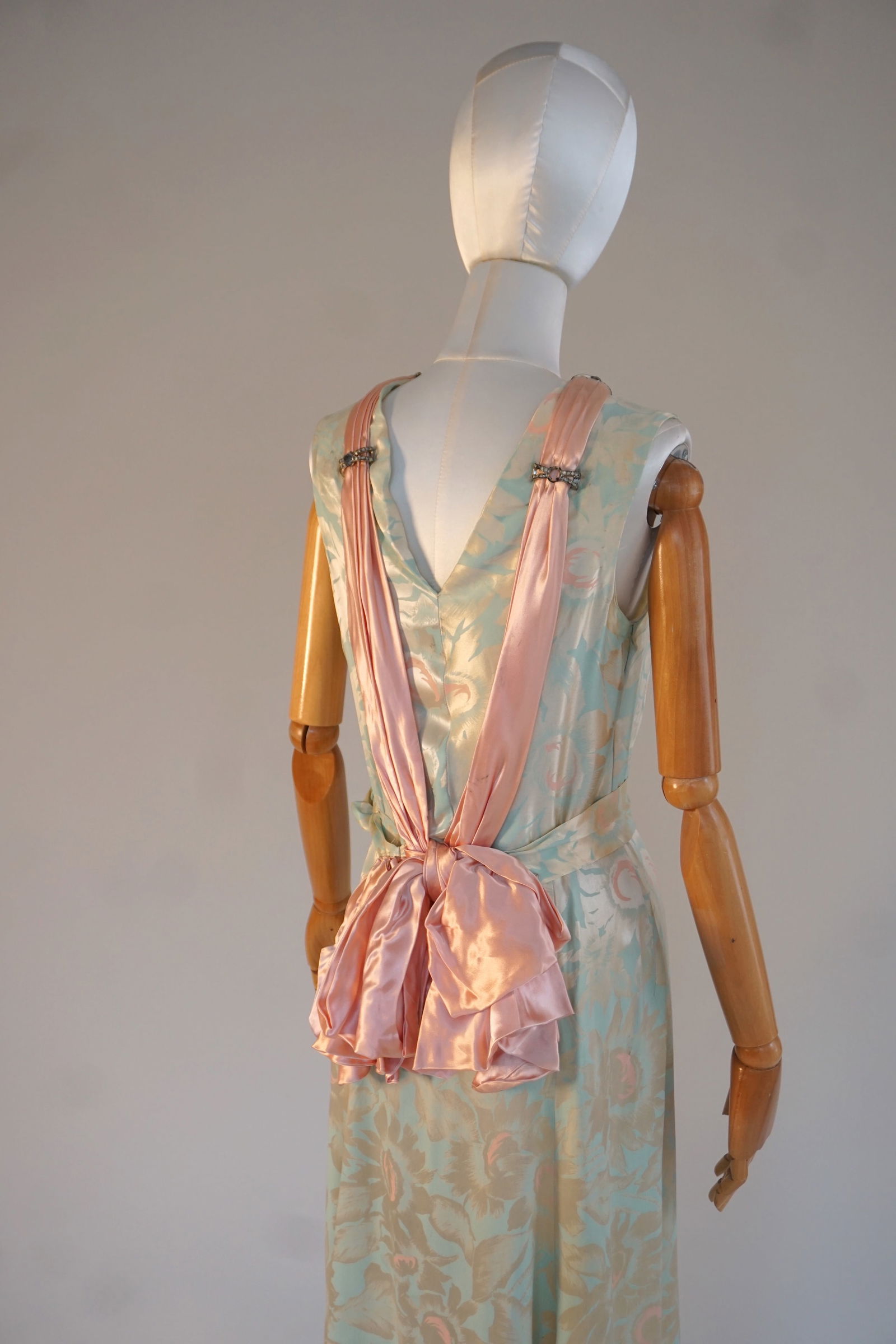 Vintage 1930s blue satin damask dress, pink bow: Antique 1920s- 1930s fancy dress- wonderful blue and pink floral satin damask gown with metal paste/ rhinestone buckle details at shoulders and large/ oversized pink bow. The dress can be flipped/ wor