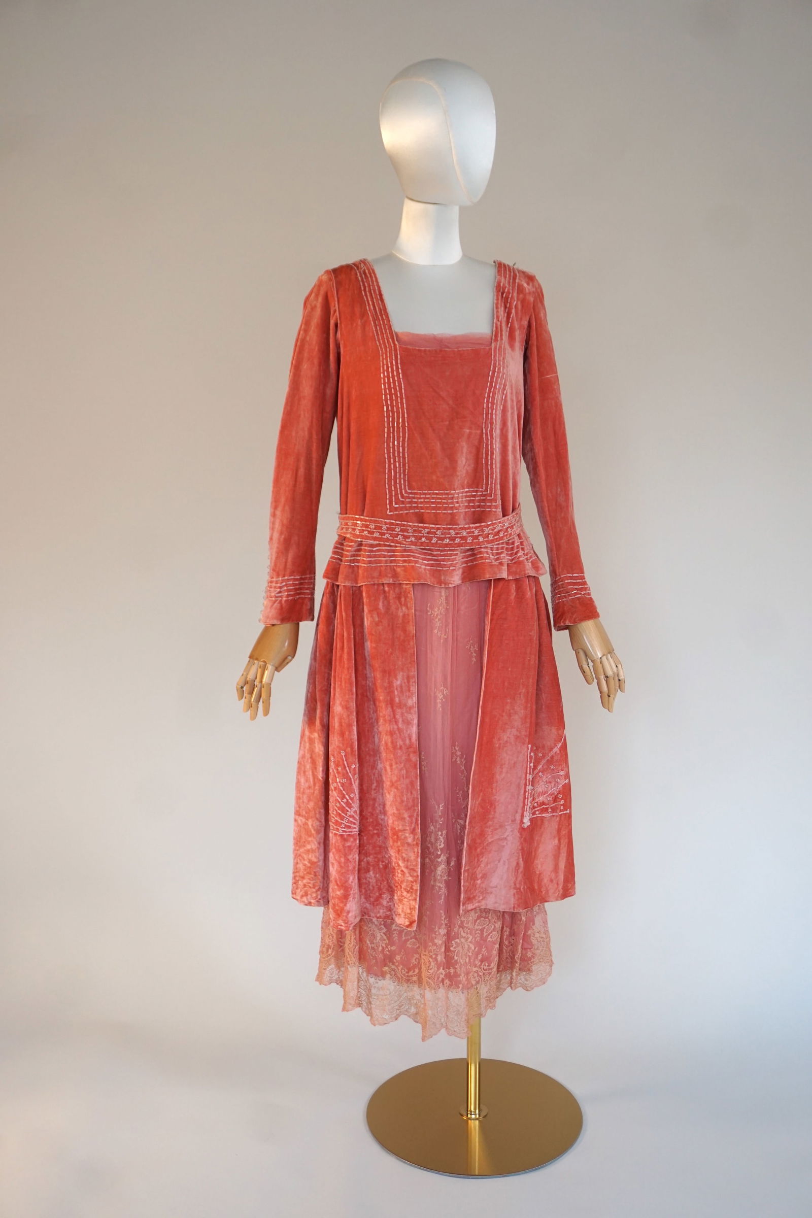 Antique 1910s 1920s dress, pink silk velvet lace (1 of 13)