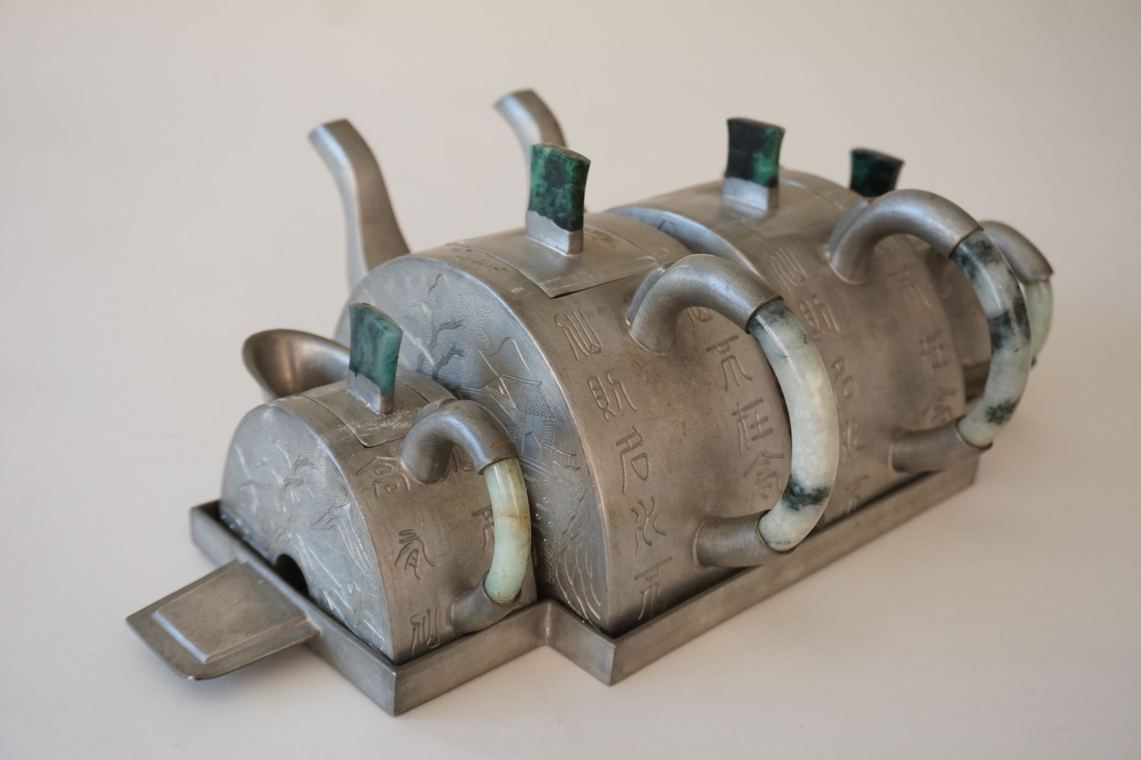 Antique Chinese pewter and jade tea set, early 20th (1 of 20)