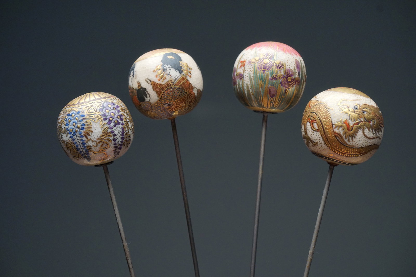 Antique Japanese satsuma hatpins lot of 4 round (1 of 9)