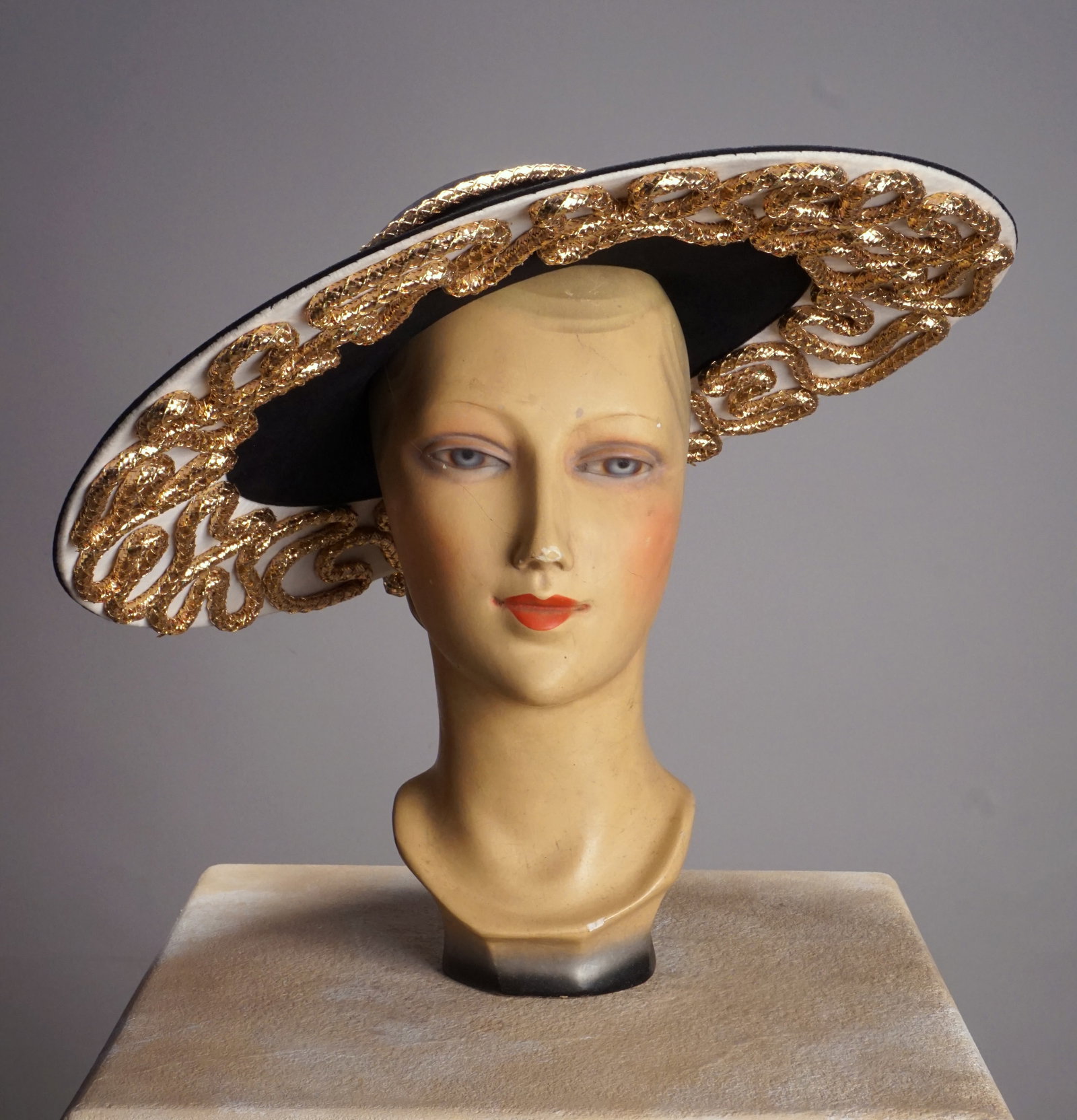 Vintage 1940s Anita's Hats wide brim beaver fur hat with gold rope (1 of 10)