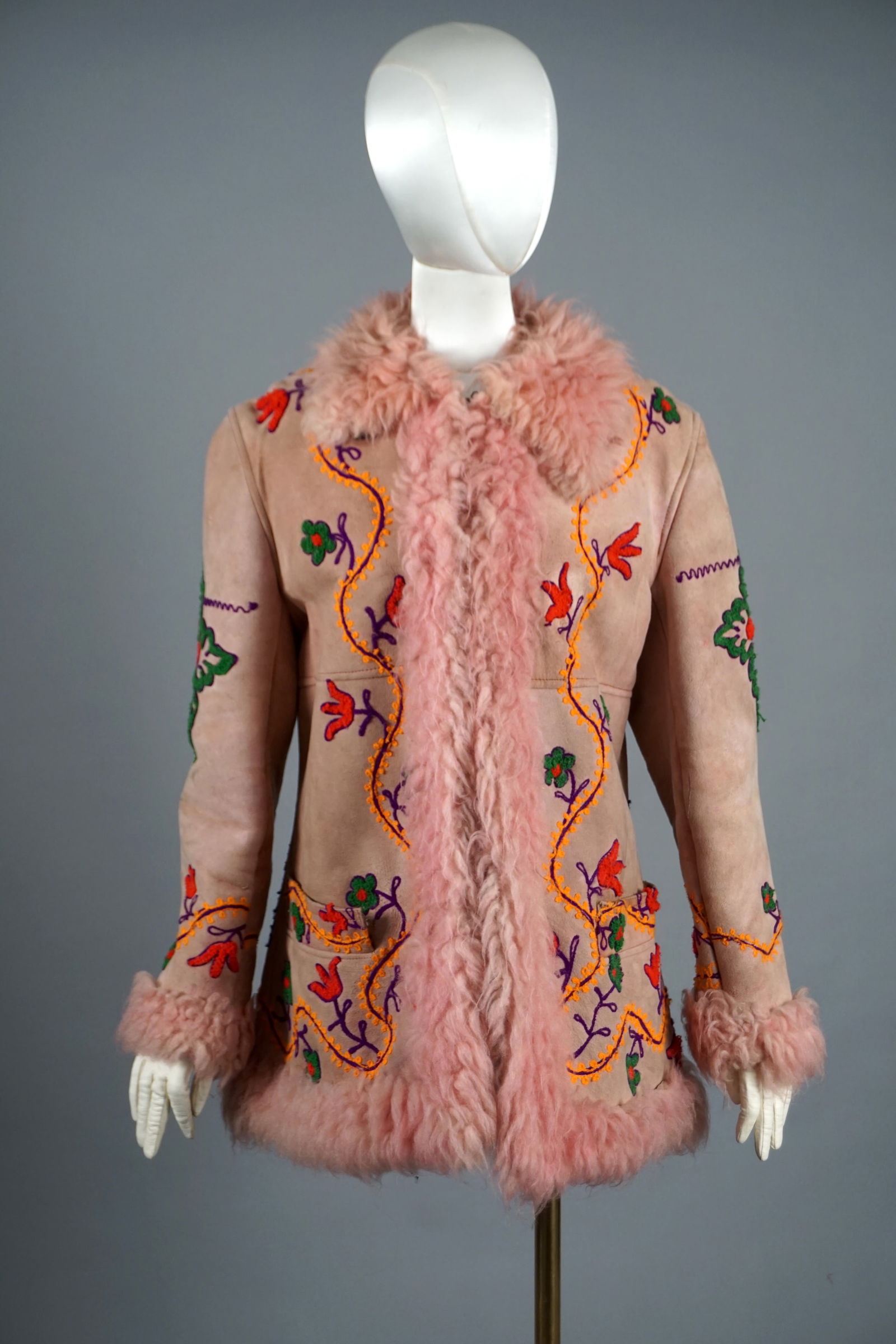 Vintage 1970s Yaqub Pink Sheepskin Fur Coat with Colorful Embroideries (1 of 16)