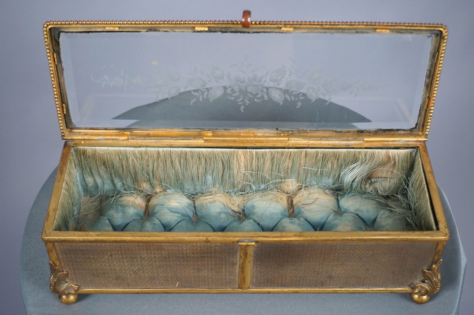 Antique French Casket Jewelry Box with Tufted Silk (1 of 8)