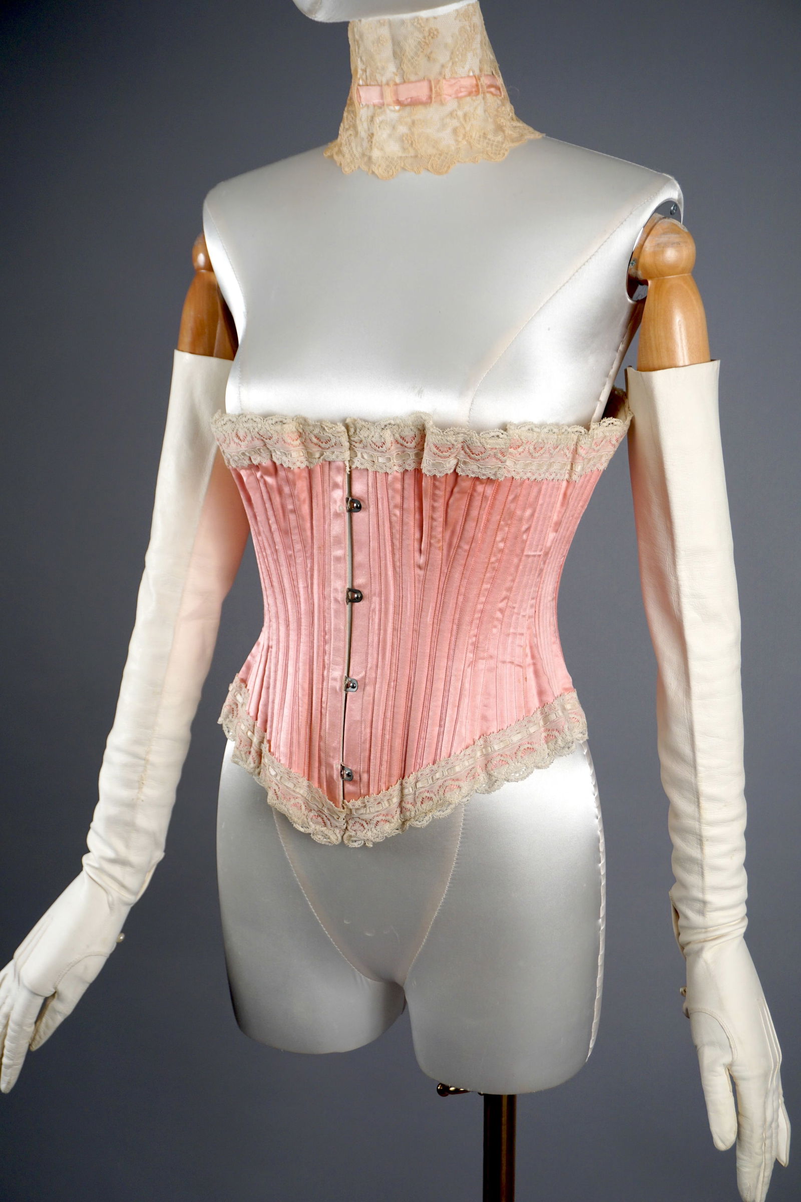 Antique Victorian 1900s Corset in Pink Silk, Kalamazoo Corset Co.: Late 19th- early 20th c. antique corset by the Kalamazoo Corset Co., Style 239, Crafted from pink silk satin with vertical stitching and reinforced boning, the corset reflects both durability and refi