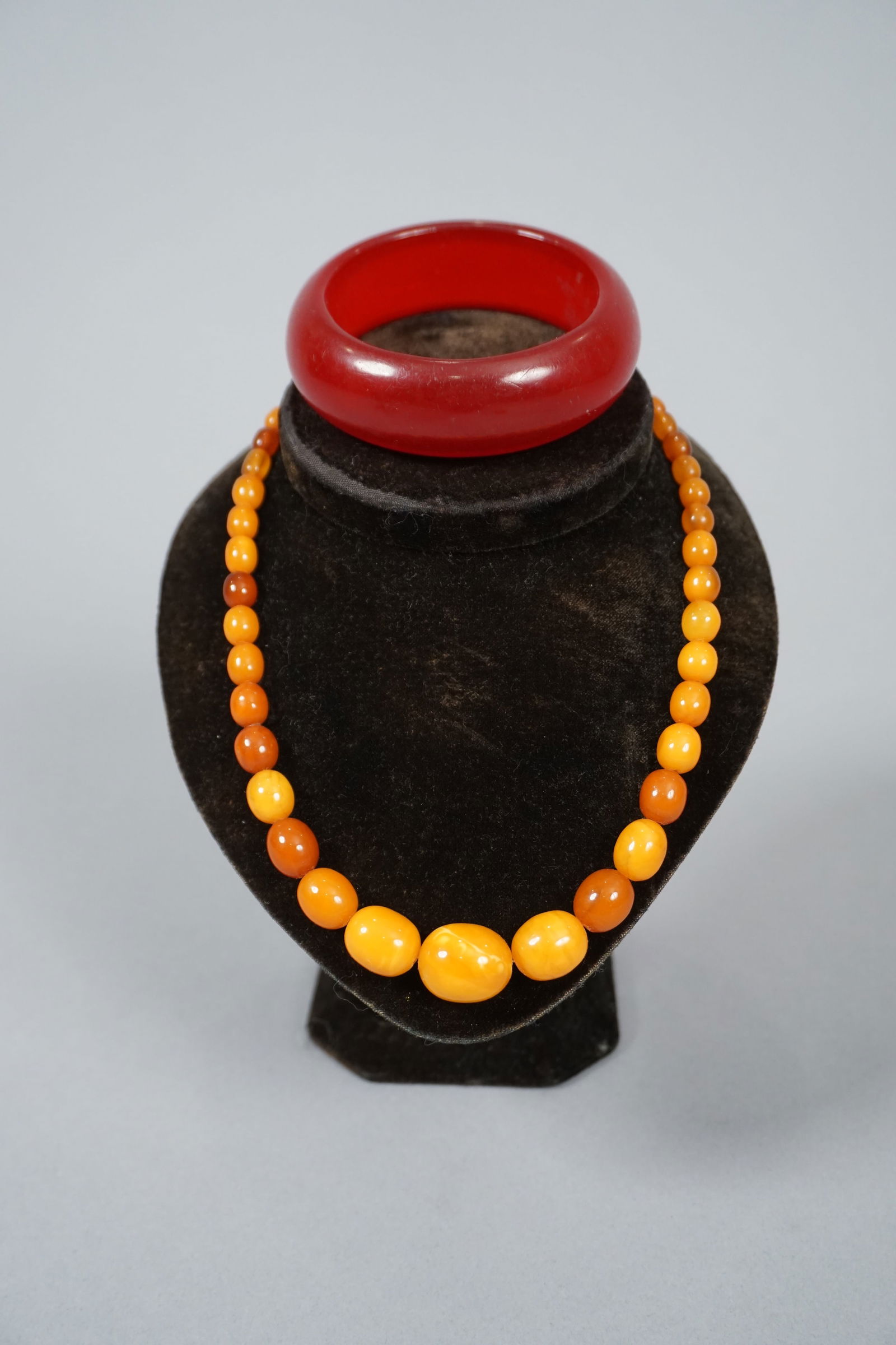 Antique Baltic Amber Beads Necklace and Red Cherry Bakelite Bangle Bracelet (1 of 7)