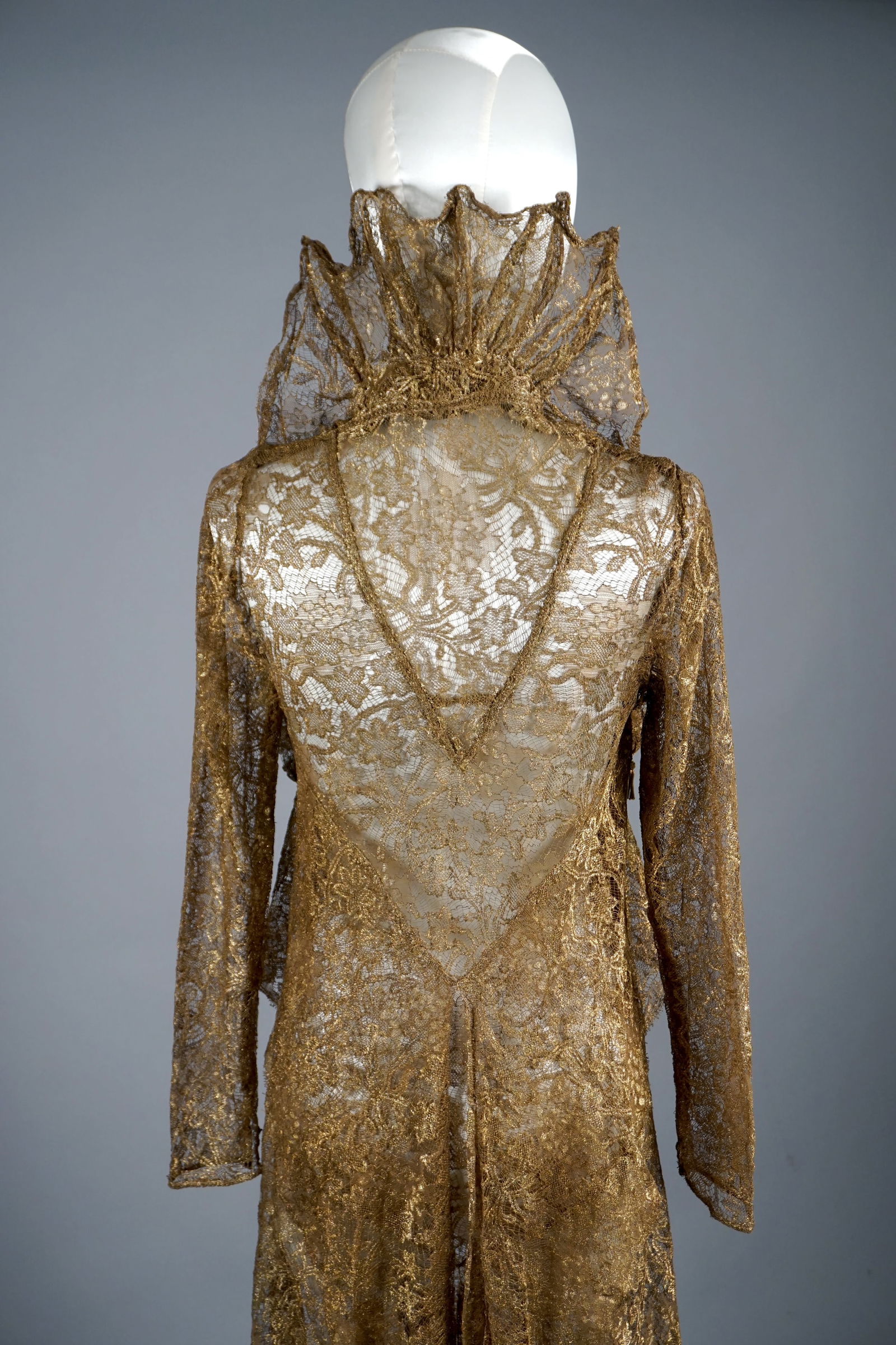Vintage 1920s Gold Metallic Lace Dress with High Medici Collar (1 of 17)