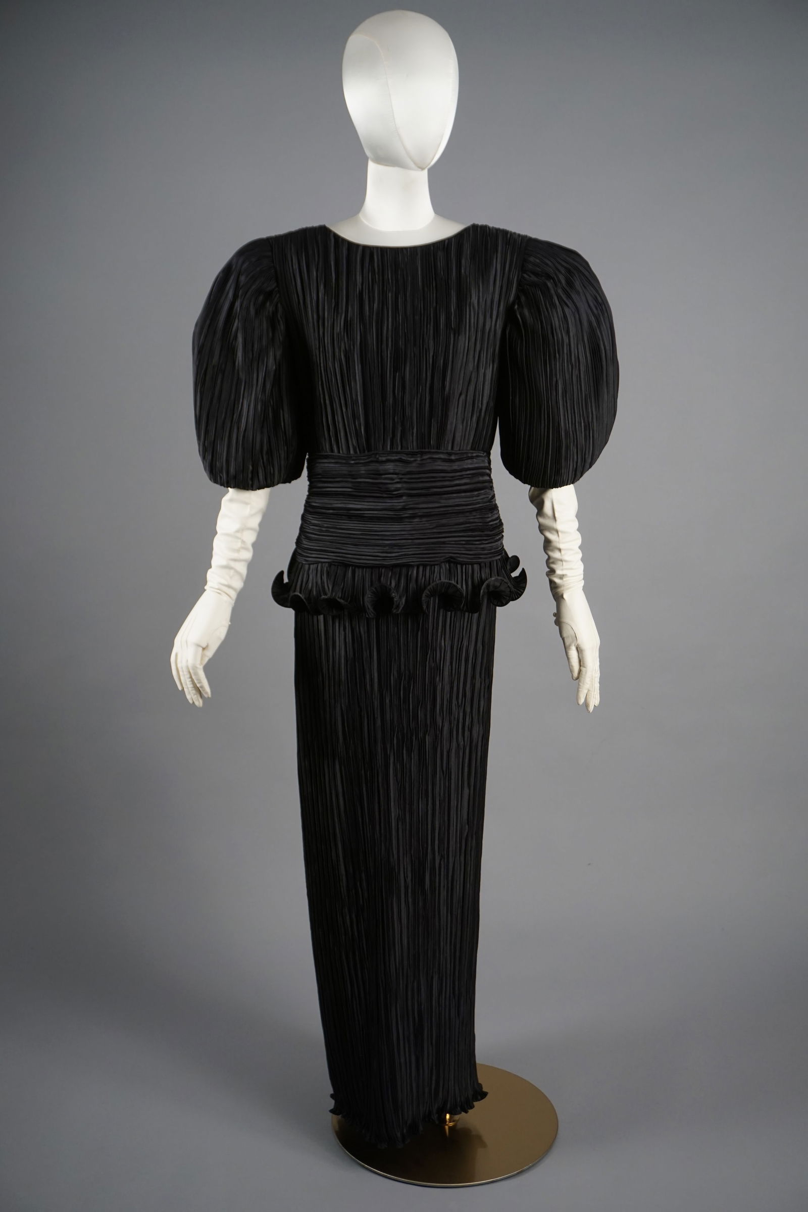 Vintage 1980s Black Pleated Puff Sleeve Gown with Large Bow (1 of 6)