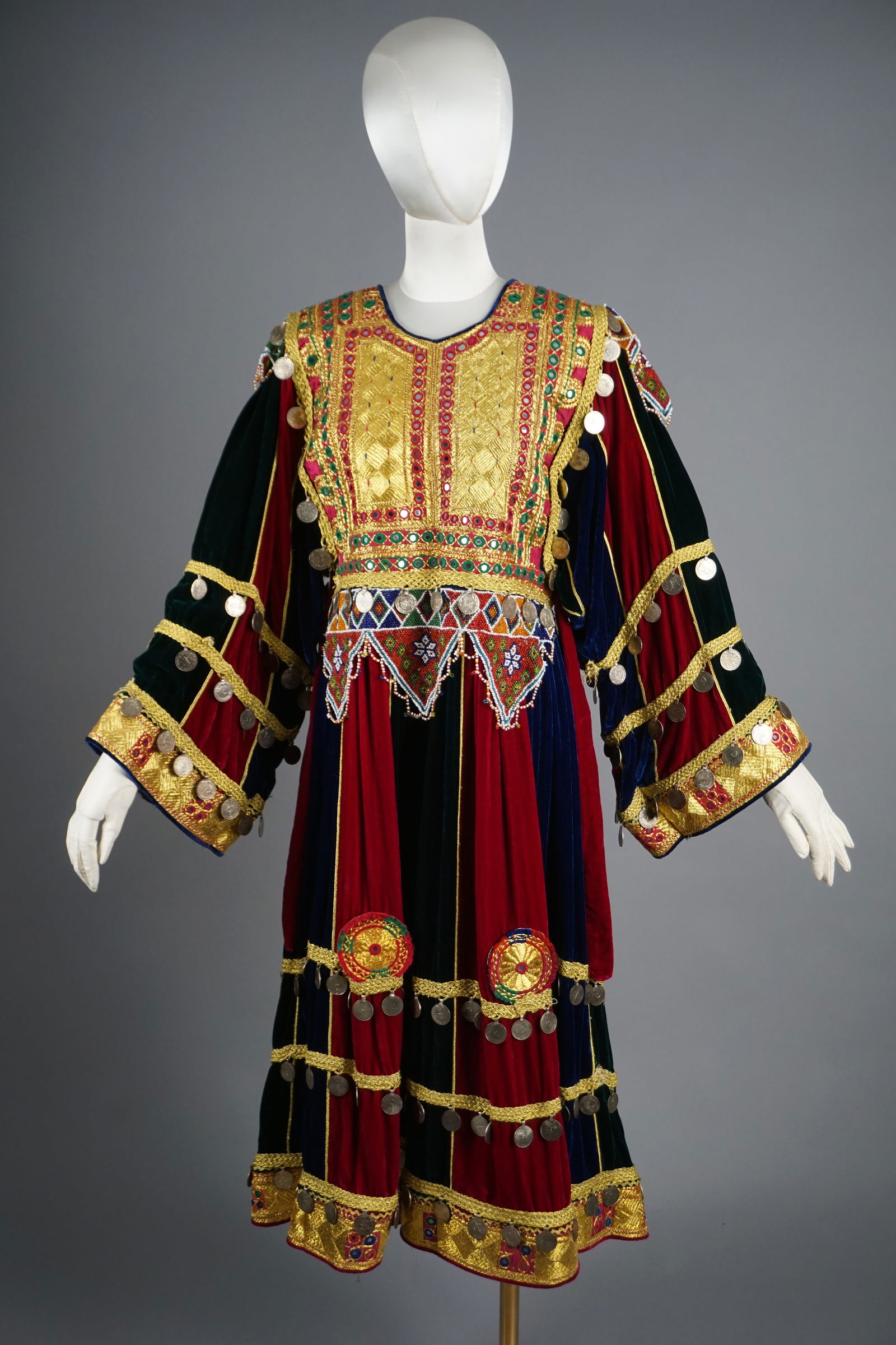 Velvet and Silk Traditional Afghan Dress with Embroidery, Coins, and Beading (1 of 11)