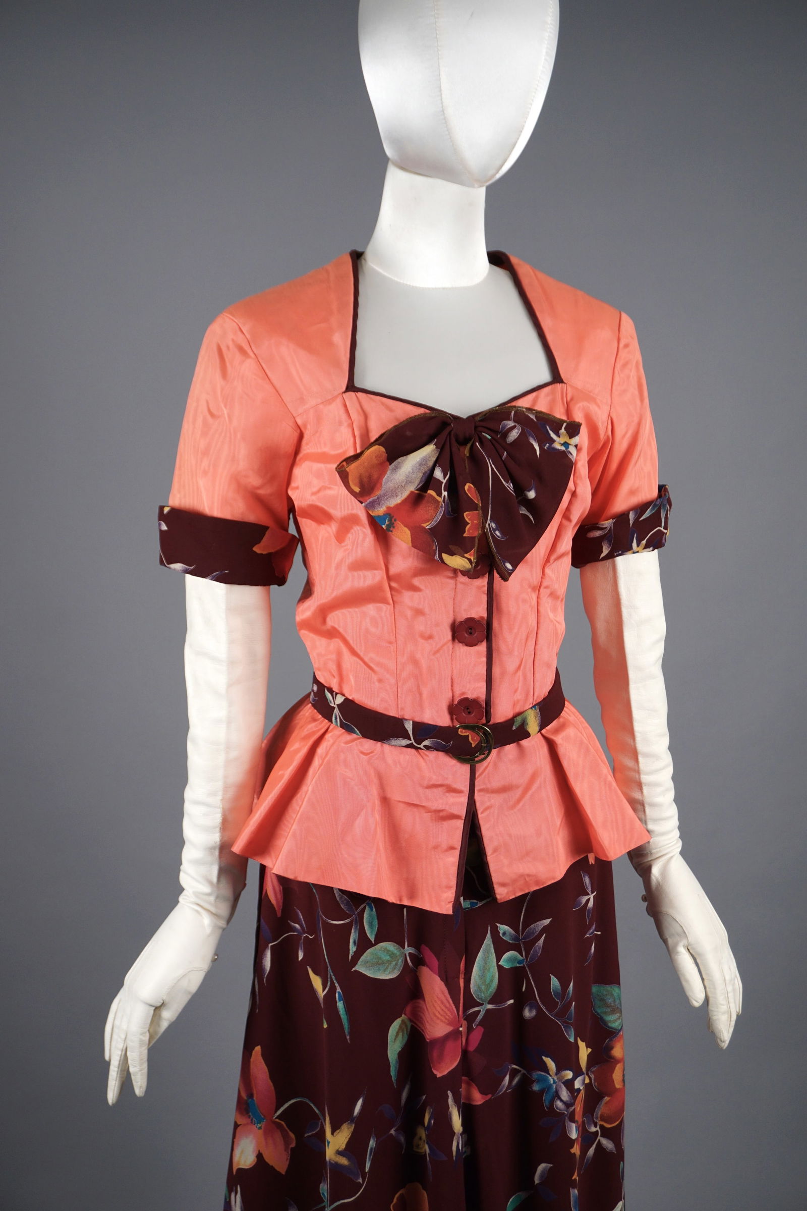 Late 20th C. Costume Dress in 1940s Style, Pink Moire with Floral Skirt (1 of 9)