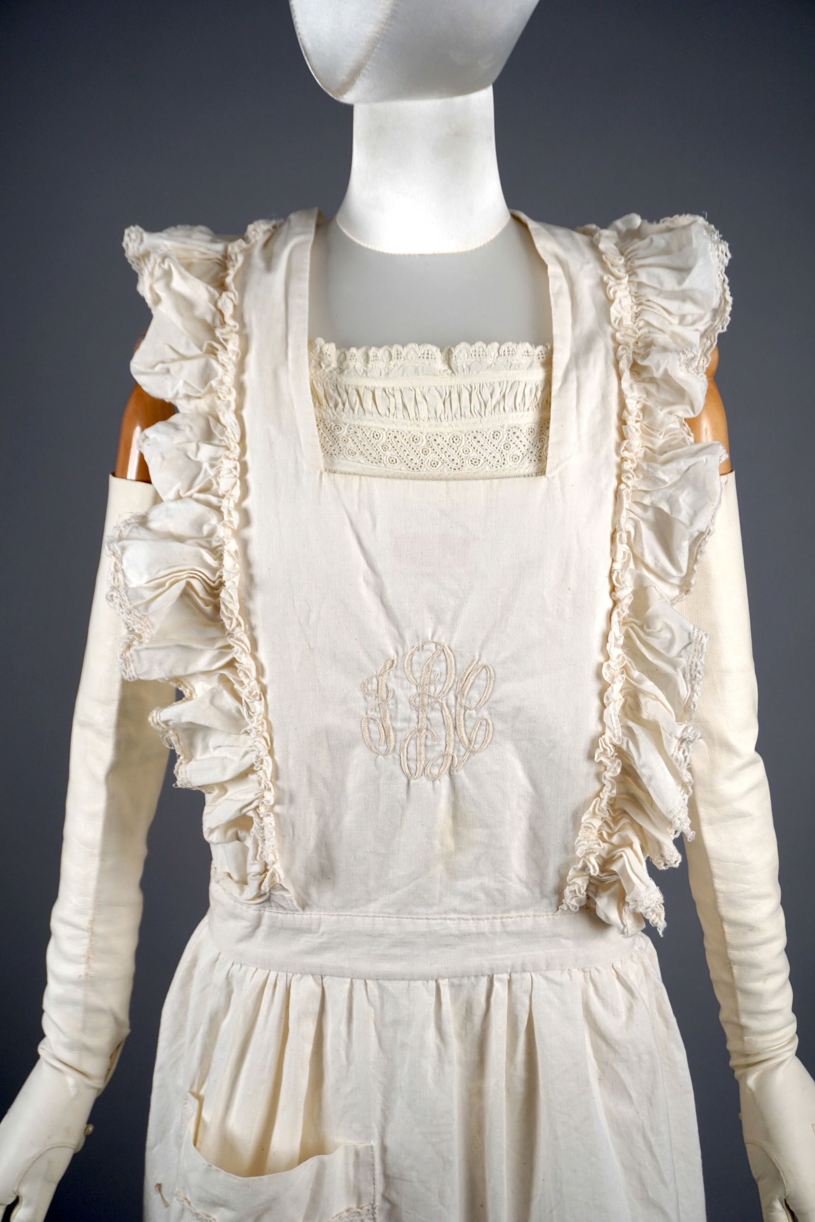 Lot of Two Antique White Cotton Garments: Embroidered Apron and Victorian Smock Dress (1 of 10)