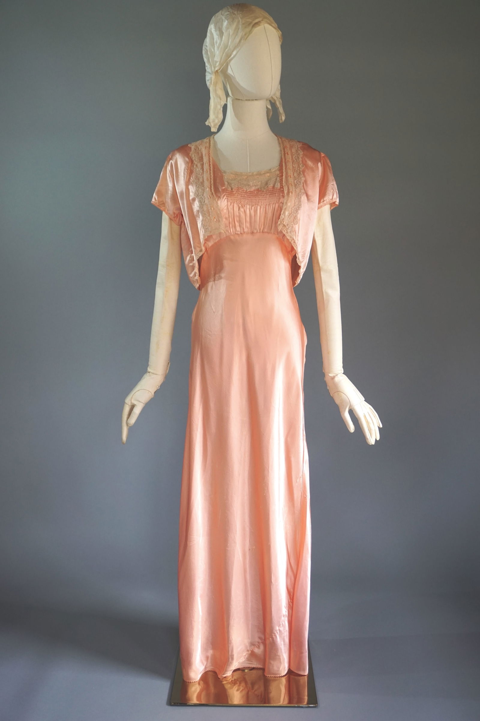 Vintage 1930s Pink Satin Smocked Lingerie Dress with Matching Bed Jacket (1 of 15)