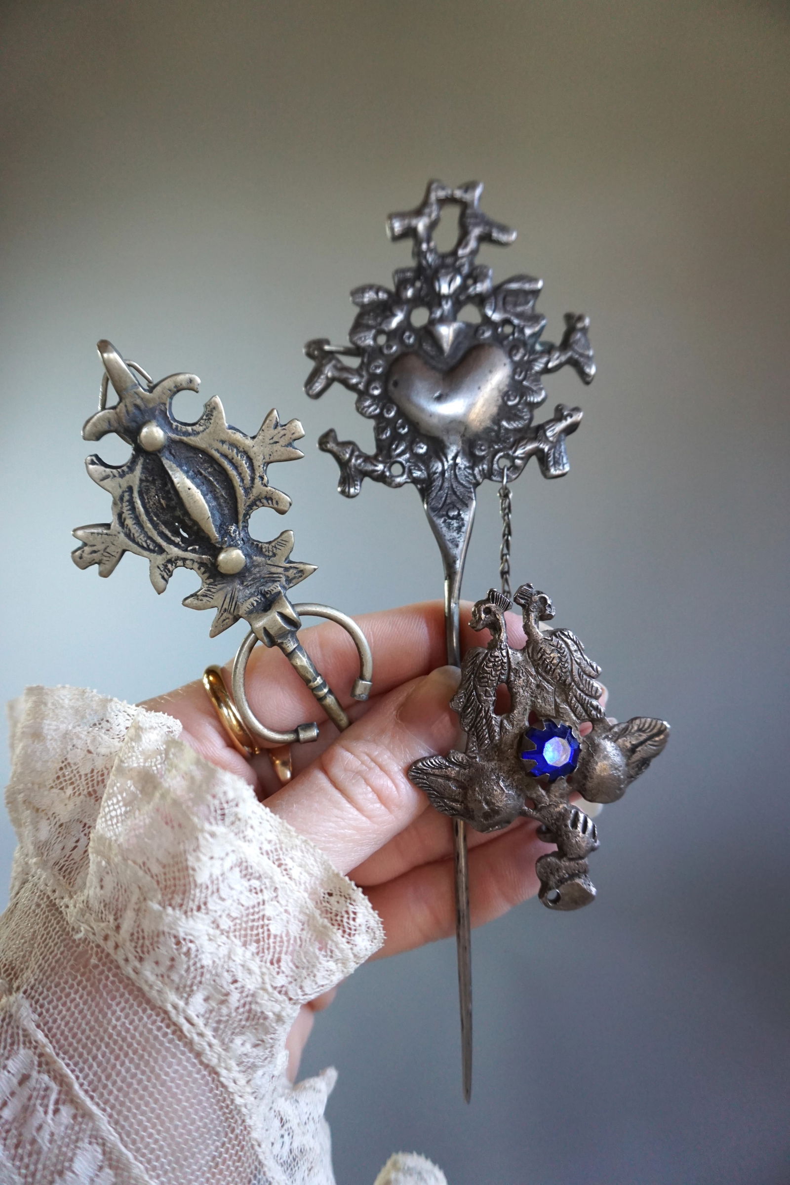 Antique Silver Devotional Pins, Brooch, Heraldic Metal Adornments Lot of 3 (1 of 7)