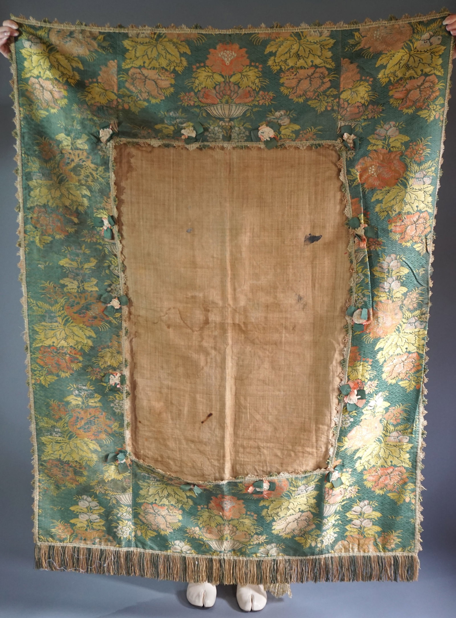 Large Antique European Brocade Wall Hanging 18th/19th Century: An impressive antique brocade wall hanging, possibly dating to the 18th or early 19th century, featuring a richly woven floral pattern in shades of gold, coral, and green against a deep blue-green bac
