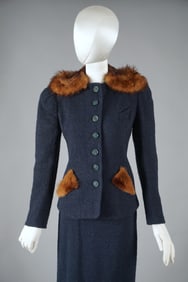 Vintage 1940s Boucle Wool Fur Skirt Suit by Townley