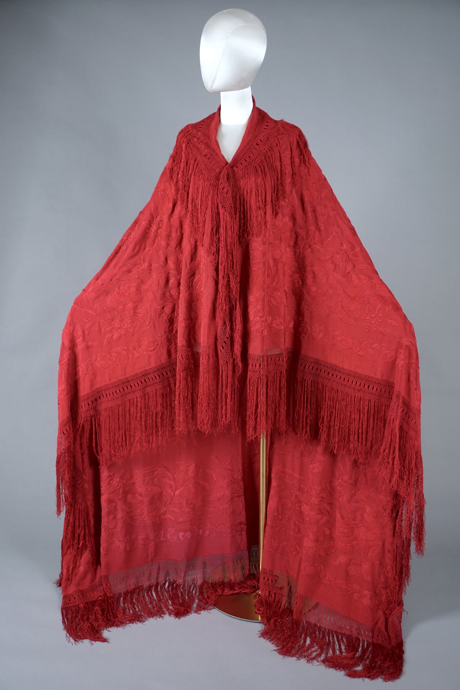 Vintage 1920s Rose Silk Embroidered Piano Shawl: A 1920s silk piano shawl in a rich deep rose maroon hue, (photos appear more red- it is not red, definitely a deep maroon in natural lighting) intricate tonal floral embroidery throughout. The design