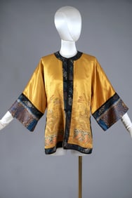 Antique Chinese Yellow Silk Embroidered Dragon Robe Jacket
