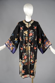 1920s Chinese Embroidered Silk Robe Polychrome Floral Vase Motifs
