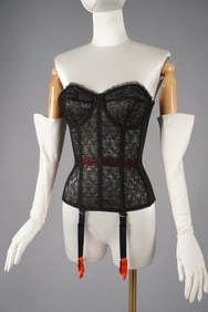 Vintage Black Lace Bustier Corset with Red Garters
