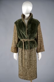 1960s Vintage Fur Skirt Suit in Olive & Tweed Wool, Saks Fifth Avenue