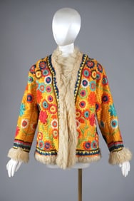 1960s Embroidered Shearling Fur Coat, Woodstock Era, Bohemian Psychedelic Floral Jacket