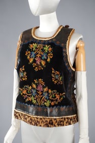 Vintage Needlepoint Embroidered Velvet Vest Jacket with Leopard Faux Fur, ca. 1960s