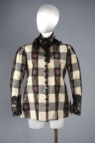 1880s Silk Taffeta Print Bodice, Black Lace, Front Pockets. Provenance note "Betsy Ross 1885"
