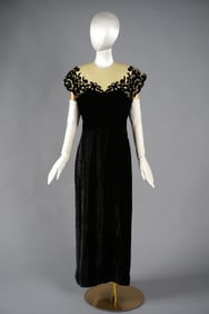 1930s Silk Velvet Dress Sheer Chartreuse Bodice Appliquéd in Velvet