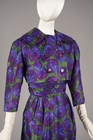 Vintage 1950s Two-Piece Dress & Cropped Jacket, Purple Green Rose Print