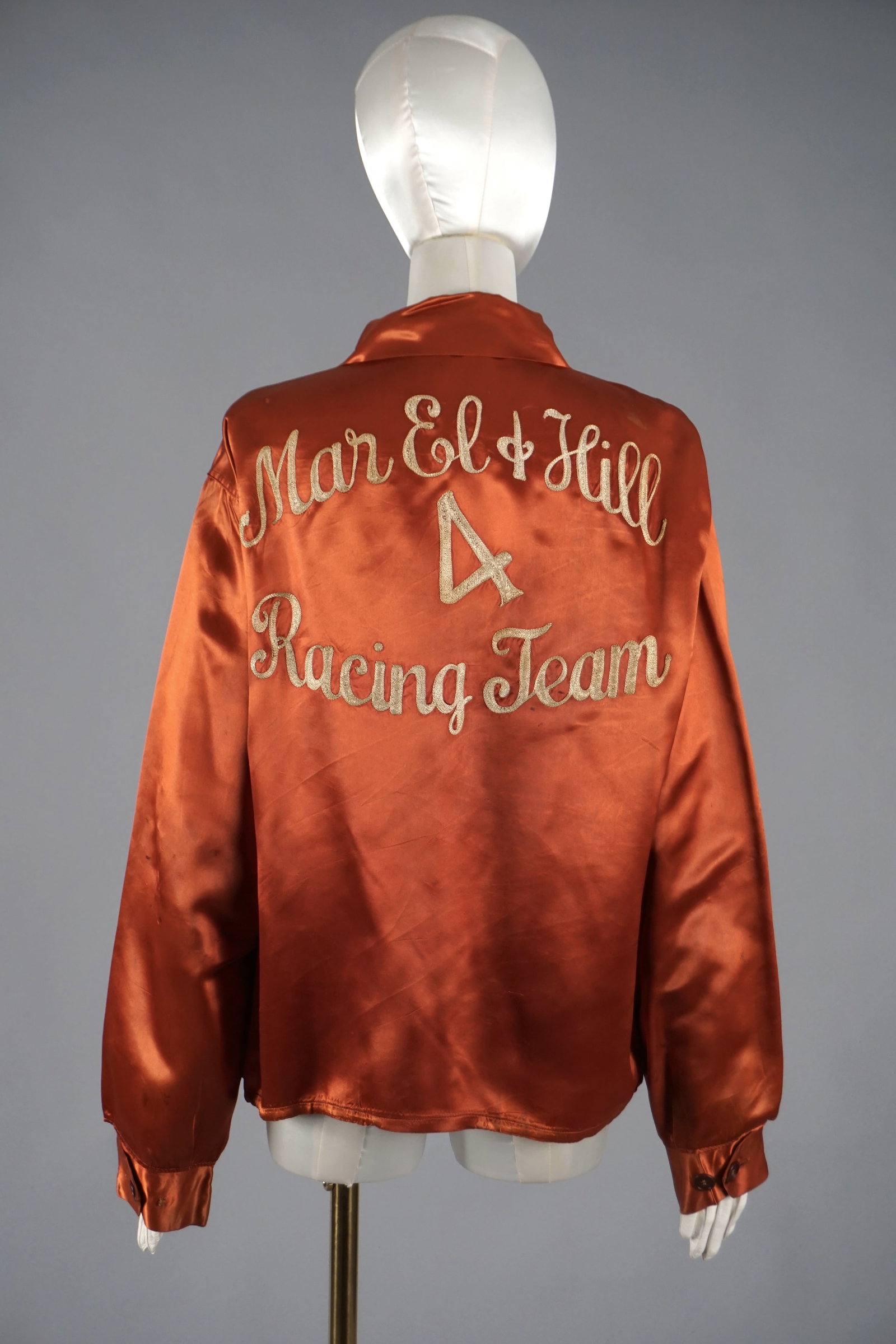 Vintage 1940s 50s Men’s Satin Embroidered Jacket, Mar El & Hill Racing Team "Nick": Vintage Americana piece with rare personalized embroidery- c.1940s men’s racing jacket in a rich rust satin, hand chain-stitched with “Mar El & Hill Racing Team” and the number 4 on the back