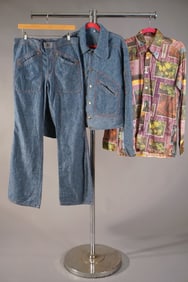 Vintage Men’s 1970s Denim Jacket Pants Set & Print Shirt