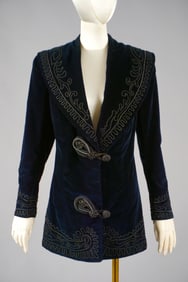 Antique Victorian Blue Velvet Silk Jacket with Soutache Embroidery